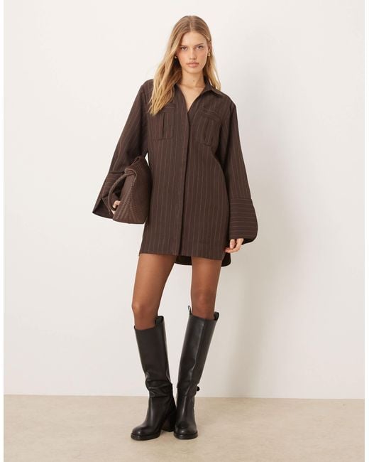 ASOS Brown Mini Shirt Dress With Wide Cuffs And Oversized Pockets