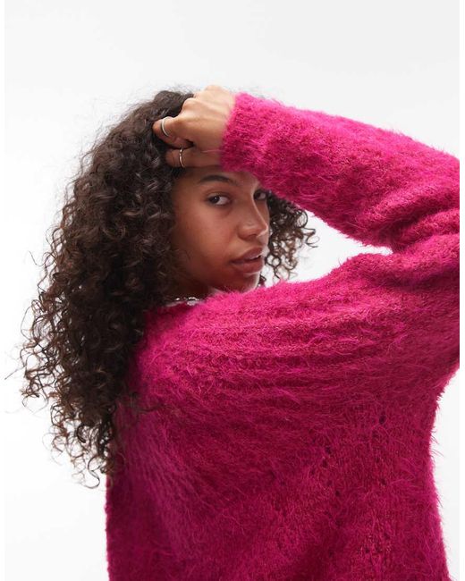 TOPSHOP Pink Knitted Super Fluffy Rib Detail Relaxed Jumper