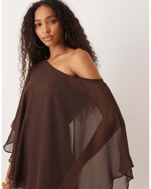 ASOS Brown Satin Chiffon Mix Drape One Shoulder Mini Dress