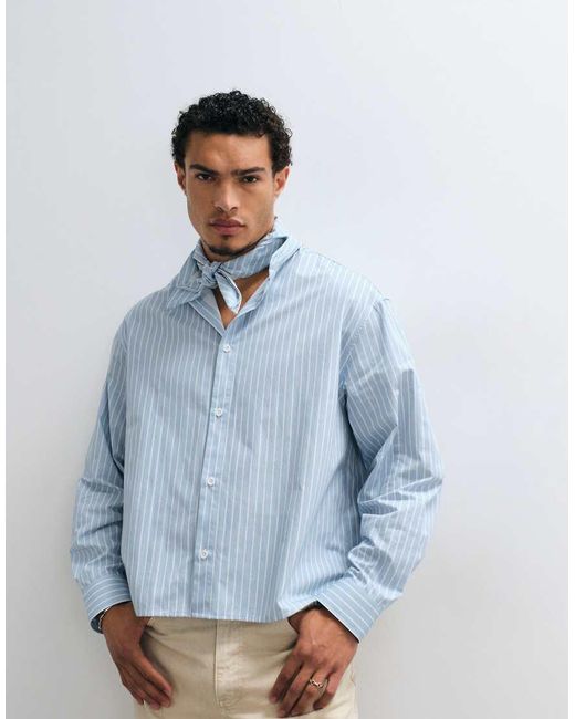 ASOS Blue Boxy Oversized Poplin Stripe Shirt With Neck Tie for men