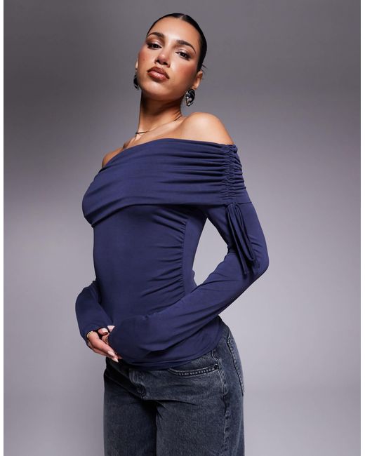 ASOS Blue Soft Handle Off Shoulder Ruched Long Sleeve Top