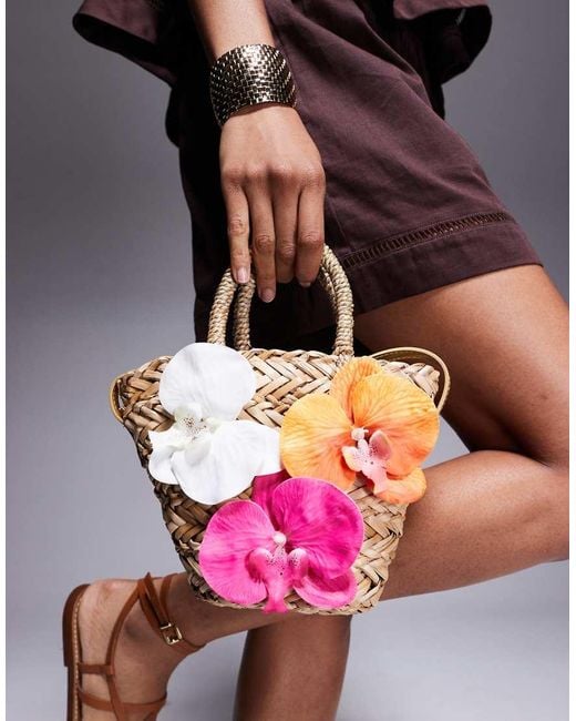 South Beach Pink Floral Straw Grab Bag With Crossbody Strap