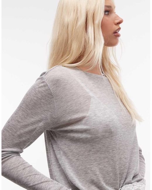ASOS Gray Semi Sheer Long Sleeve Top With Lace Trim