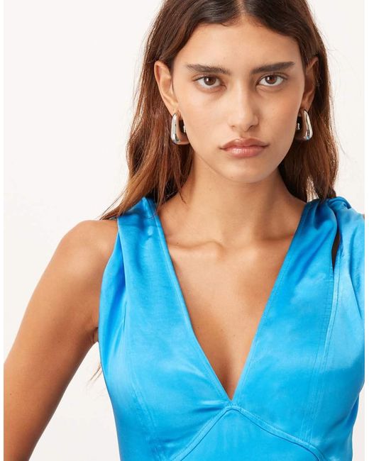 ARRANGE Blue Satin Square Cut Maxi Dress With Twist Shoulder