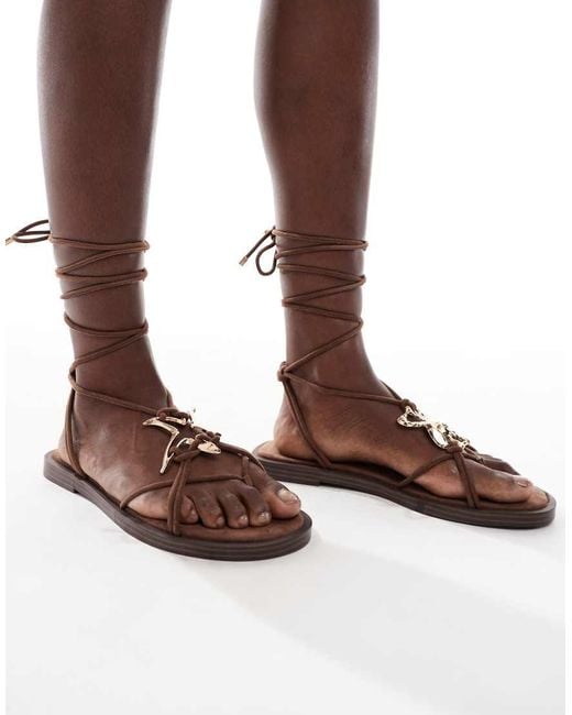 Bershka Brown Gold Detail Tie Up Flat Sandals