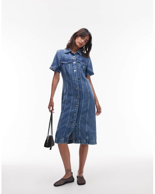 Robe chemise mi-longue en jean à manches courtes Tommy Hilfiger en coloris Blue