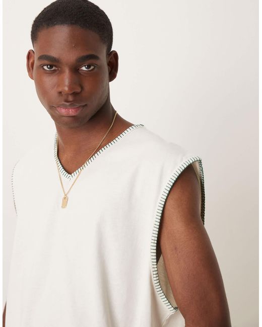 Débardeur oversize coupe carrée à col v et coutures fantaisie - crème ASOS pour homme en coloris White