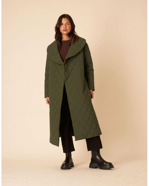 Nobody's Child Green Longline Tie Waist Quilted Puffer Coat