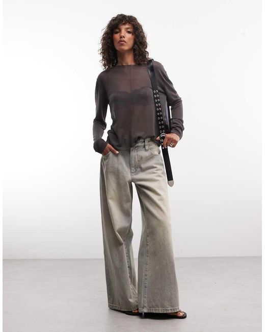 Weekday Brown Slash Neck Sheer Knit Top With Front Seam Detail