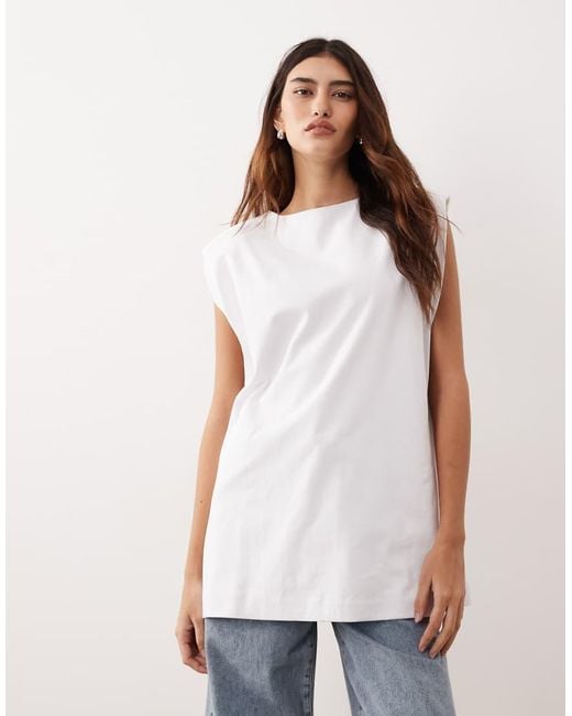 ARRANGE White Shoulder Pad Side Split Oversized Sleeveless Tee
