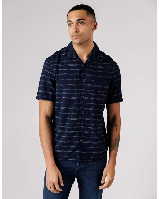 French Connection Blue Horizontal Stripe Print Short Sleeve Shirt for men