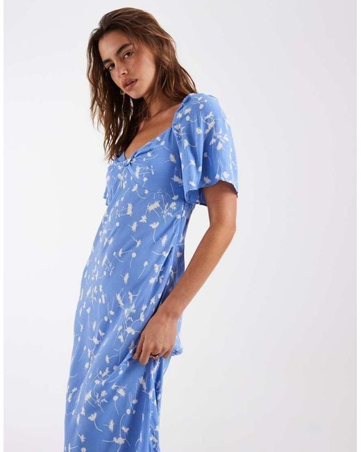 & Other Stories Blue Viscose Puff Sleeve Midaxi Dress With Twist Sweetheart Neckline