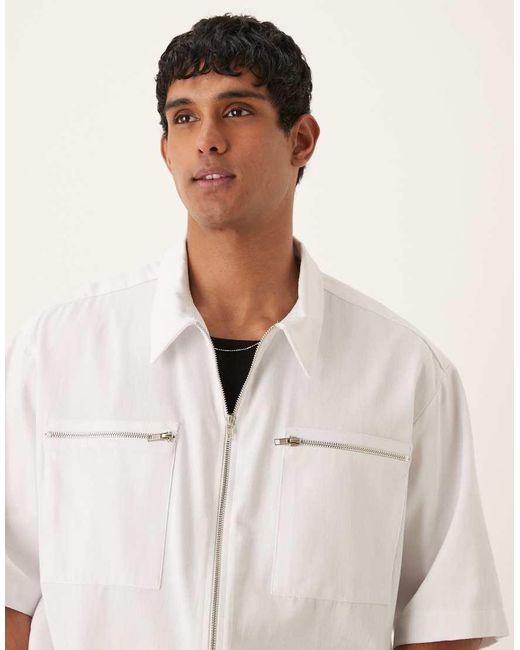 ASOS White Oversized Half Sleeve Shirt With Zip Pocket Detail for men
