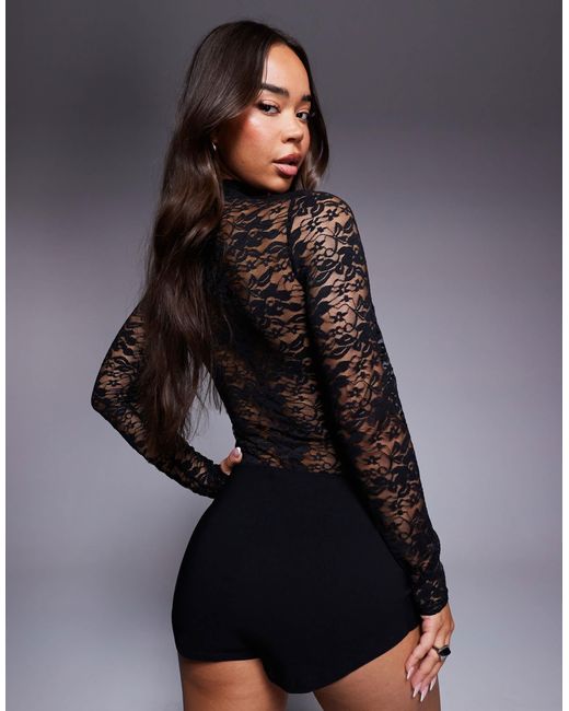 ASOS Black – langärmeliger body aus er spitze mit gerafftem mittelteil