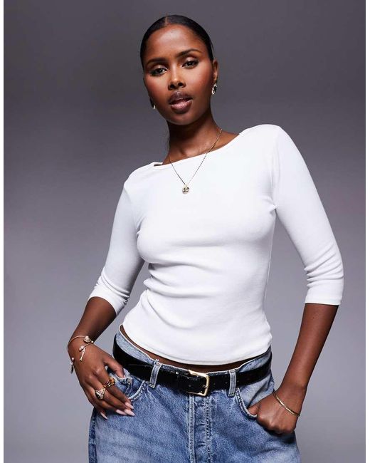 Princess Polly White Elaia Cotton Rich Slash Neck 3/4 Sleeve Top