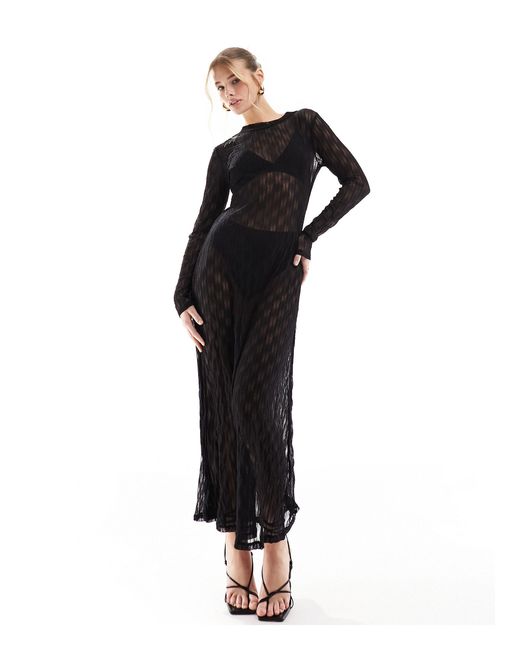 Object Black Textured Sheer Long Sleeve Maxi Dress