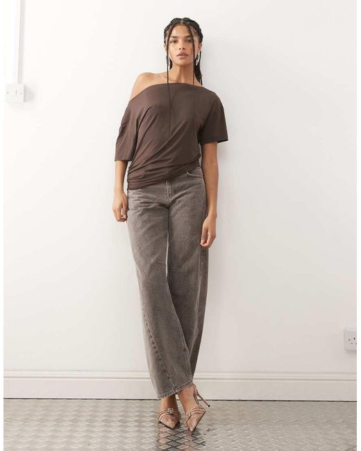 Lioness Brown Wildlands Slinky Slash Neck Off Shoulder Top