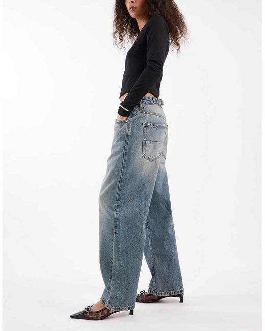 ASOS Blue Ankle Grazer Barrel Jeans With Cinch Waist
