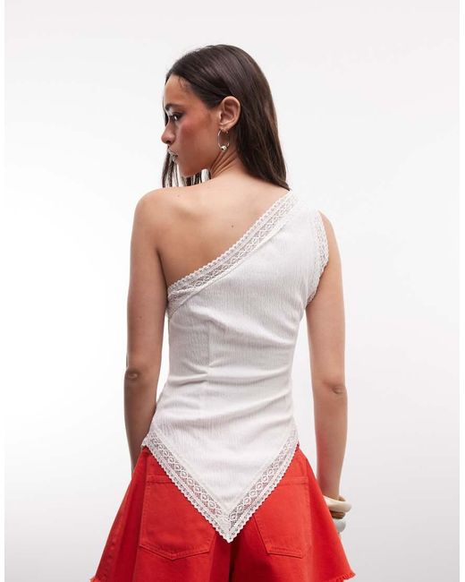 ASOS White Crinkle Lace Mix One Shoulder Asymmetric Top