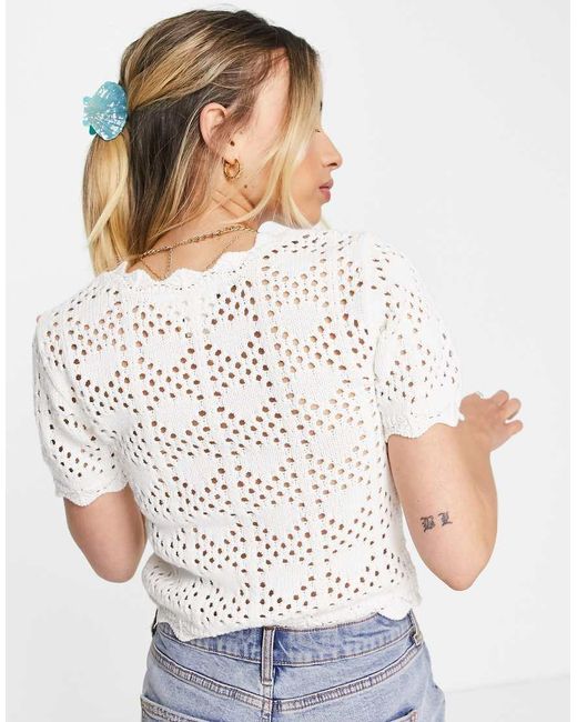 Monki White Crochet Button Front Top