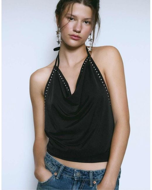 Stradivarius Blue Studded Halter Top