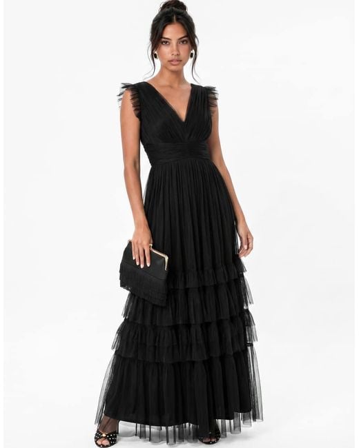 ANAYA Black Flutter Sleeve Ruffle Maxi Dress