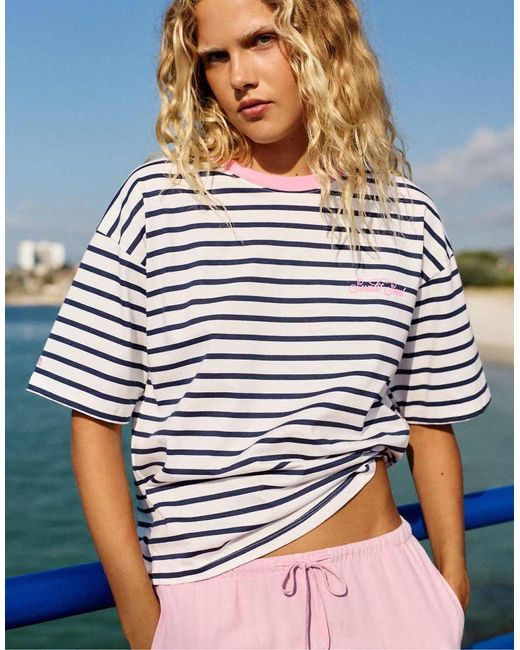 Pull&Bear Gestreept Geribbeld T-Shirt Van Textiel in het Blue