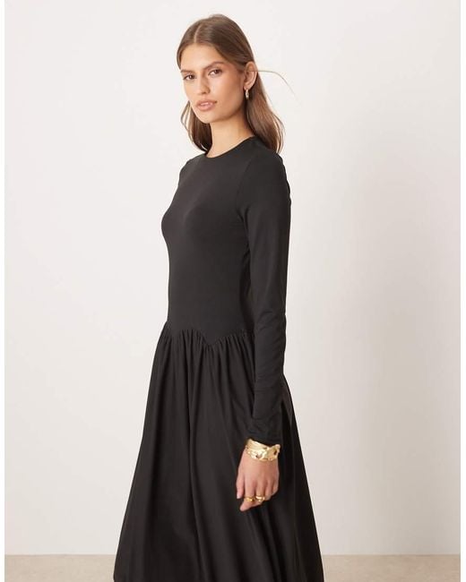 ASOS Black Slash Neck Hybrid Scalloped Waist Detail Midi Dress