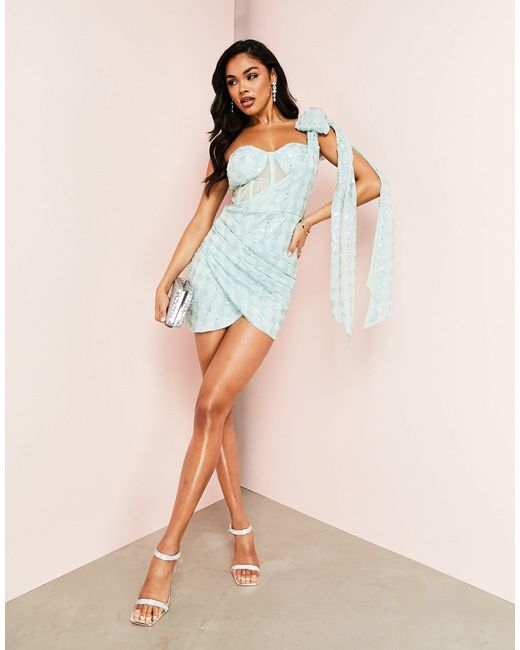 ASOS Embellished Tie Bow Shoulder Corsetted Mini Dress in Blue | Lyst Canada