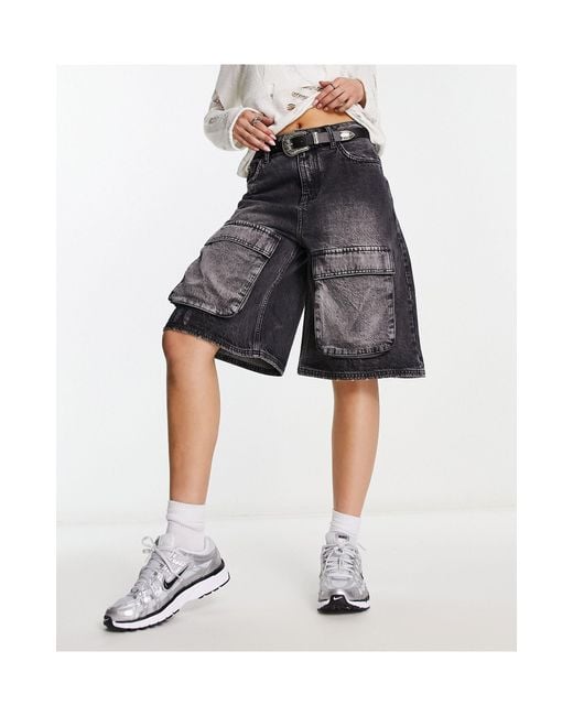 Collusion Black Festival Longline baggy Denim Shorts With Cargo Pockets