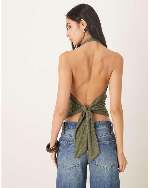 Gina Tricot Green Pleated Textured Halterneck Top With Open Tie Up Back