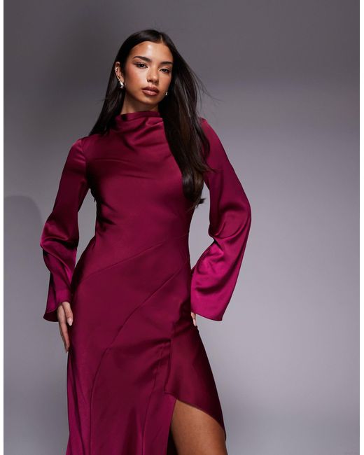 ASOS Purple Satin Seam Detail Maxi Dress With Frill Detail