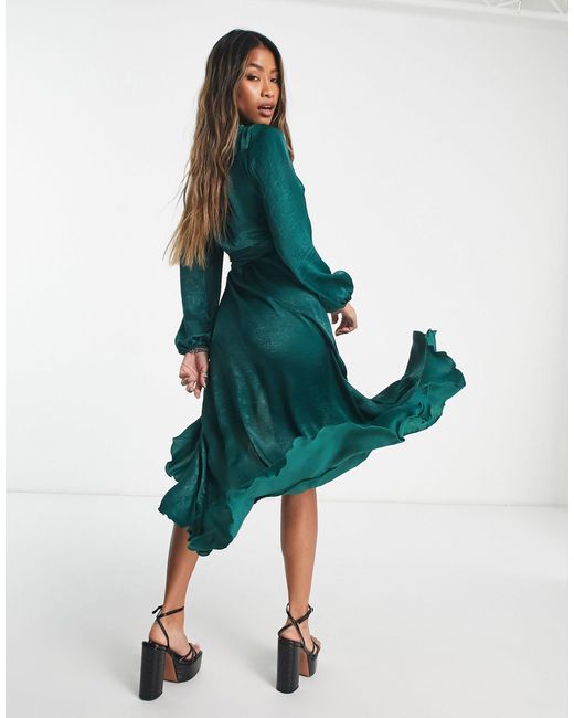 Flounce London Satin Long Sleeve Wrap Maxi Dress in Green | Lyst