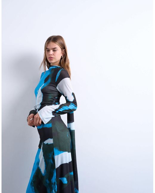 Tophop - robe longue à imprimé abstrait flouté et foulard TOPSHOP en coloris Blue