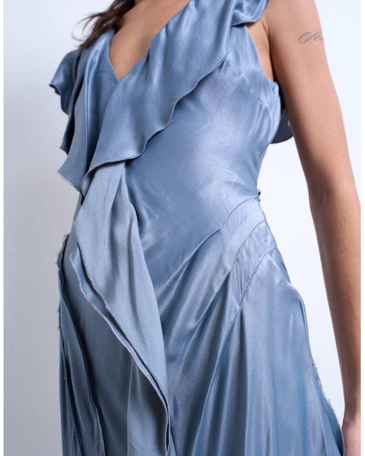 TOPSHOP Blue Raw Seemed Frill Maxi Dress