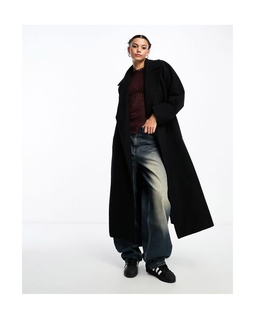 Weekday Black Kia Wool Blend Oversized Coat With Tie Waist Detail