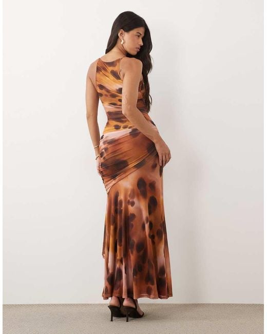 ASOS Brown Mesh Square Halter Maxi Dress With Asymmetric Ruching