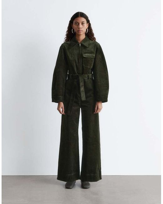 & Other Stories Green Belted Corduroy Jumpsuit With Volume Sleeves