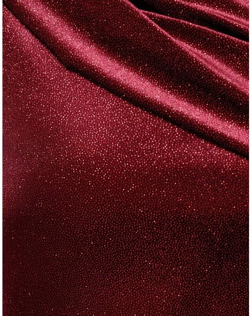Goddiva Red Glitter Velvet Cowl Neck Pleated Waist Maxi Dress