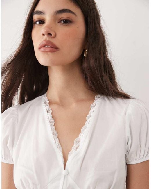 Miss Selfridge White V-Neck Lace Detail Fitted Shirt