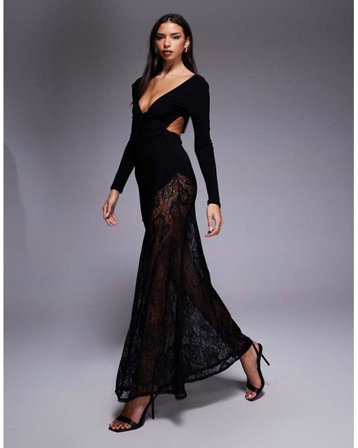 ASOS Blue Lace Mix Slinky Plunge Long Sleeve Maxi Dress