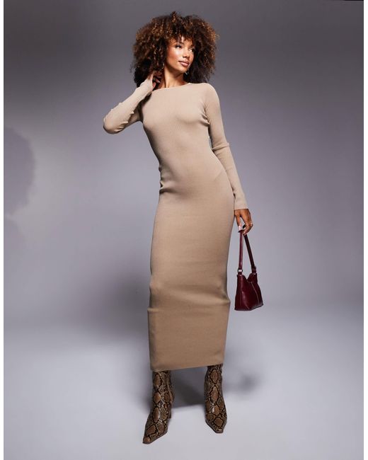 Exclusivité - - robe longue asymétrique en maille avec dos boutonné et manches longues - moka Kaiia en coloris Gray