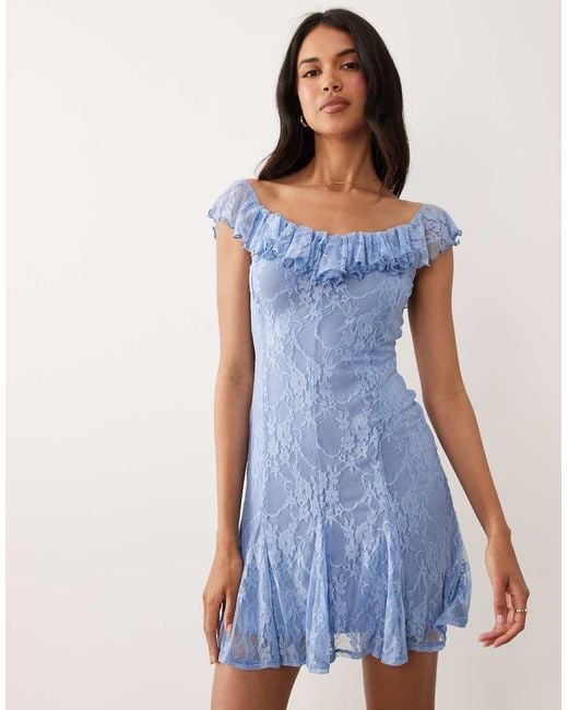 ASOS Blue Off Shoulder Mini Lace Dress With Godet Detail