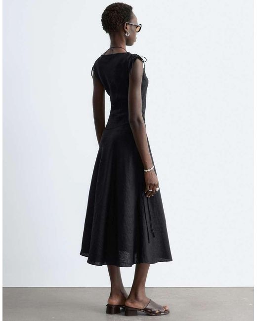 & Other Stories Black Pure Linen Asymmetric Midi Dress