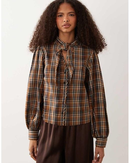 Wednesday's Girl Brown Long Sleeve Shirt With Tie Detail