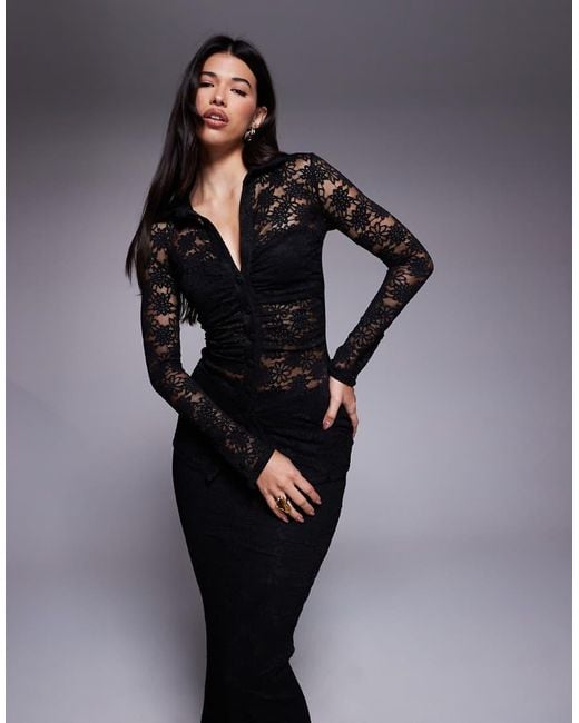 Wanderdoll Black Lacie Plunge Neck Long Sleeve Lace Shirt Co-Ord