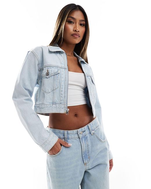 Abercrombie & Fitch Blue Cropped Denim Jacket With Zip Front