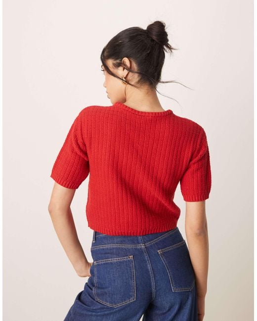 Vila Red Short Sleeve Boucle Knit Cardigan Style Top
