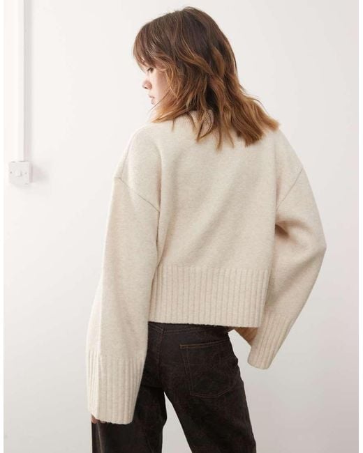 Monki Natural Crew Neck Knitted Jumper With Ribbed Cuffs And Hem Detail