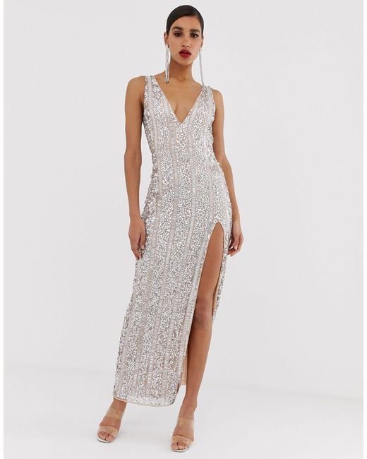 Missguided Peace And Love Embellished Maxi Dress With Side Split in Metallic  | Lyst